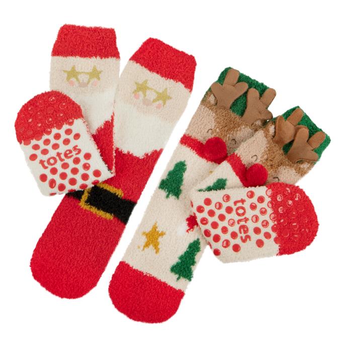 totes toasties® Childrens Super Soft Slipper Socks (Twin Pack) Reindeer / Santa