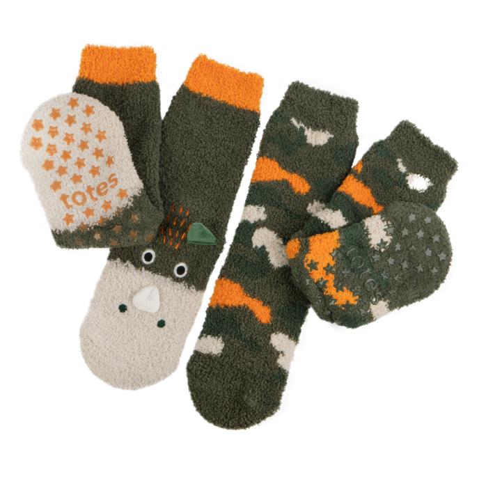 totes toasties® Boys Super Soft Slipper Socks (Twin Pack) Dino / Camo