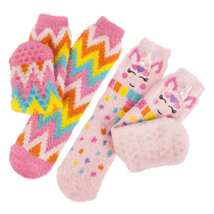 totes toasties® Girls Super Soft Slipper Socks (Twin Pack) Unicorn / Zig Zag