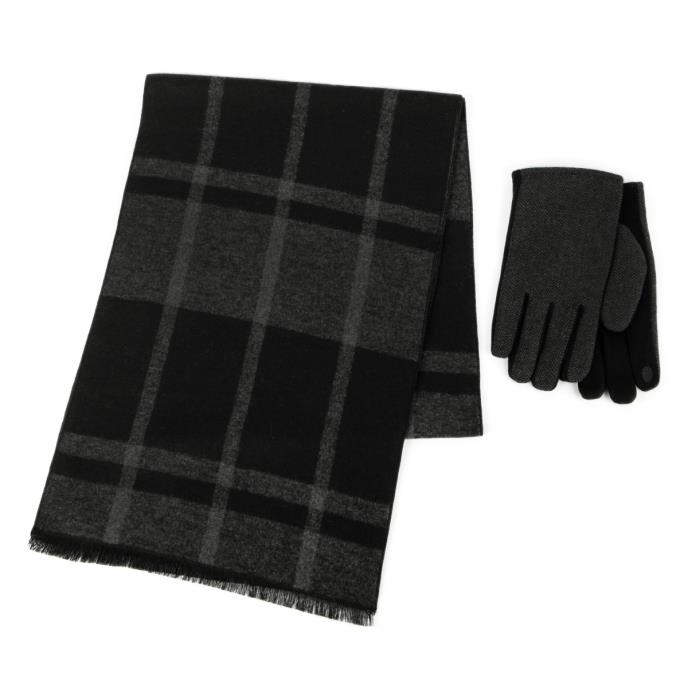 totes toasties® Mens Wool Blend Check Scarf &amp; Thermal Lined Gloves Gift Set Black