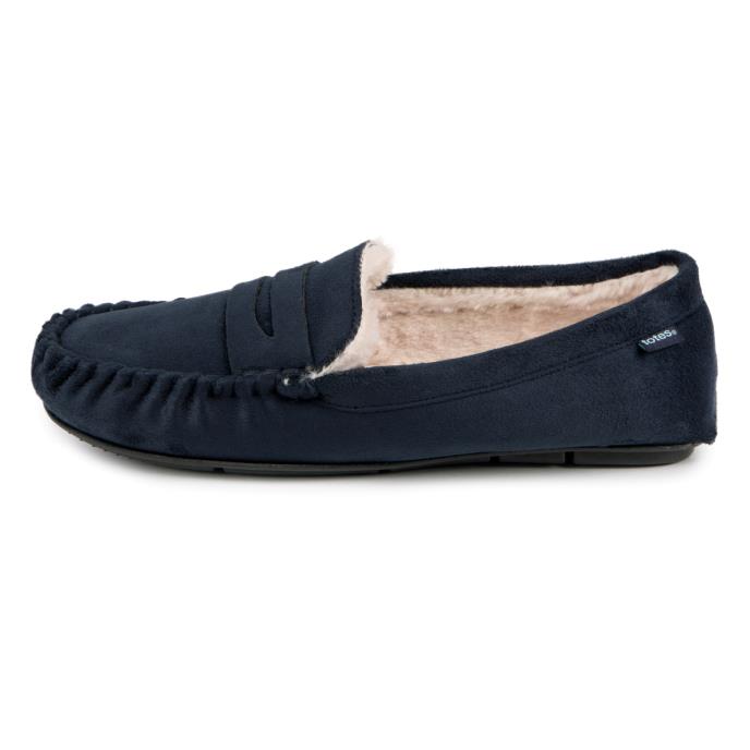 totes toasties® Mens Suedette Moccasin Slipper With Faux Fur Lining Navy