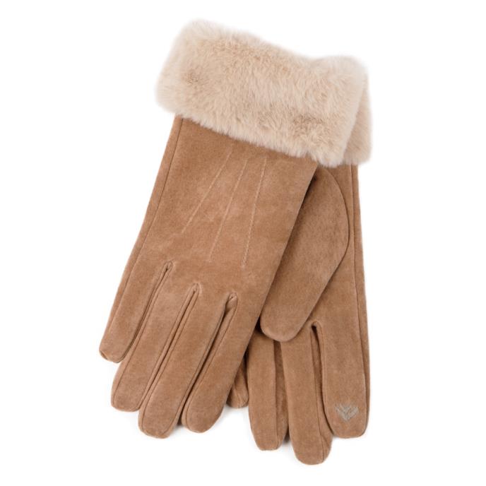 Isotoner® Ladies Three Point Suede SmarTouch™ Gloves With Faux Fur Cuff Tan