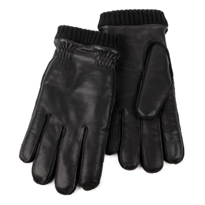 Isotoner® Mens Premium Leather SmarTouch™ Glove With Rib Knit Cuff &amp; Sheepskin Lining Black