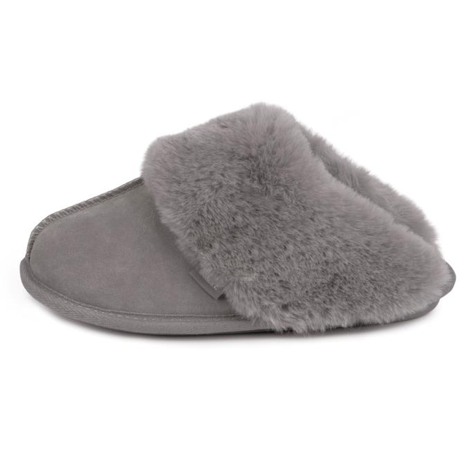 Isotoner® Ladies Real Suede Mule with Fur Cuff Grey