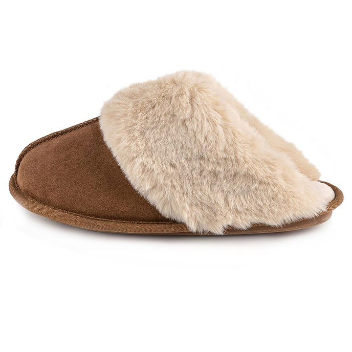 Isotoner® Ladies Real Suede Mule with Fur Cuff Tan