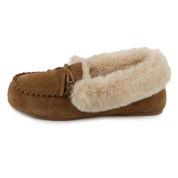 Isotoner® Ladies Genuine Suede Moccasin with Faux Fur Lining Tan