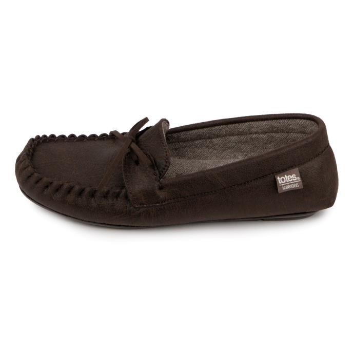 Isotoner® Mens Distressed Moccasin Slipper With Herringbone Sock Brown