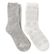 totes toasties® Ladies Fair Isle &amp; Chenille Supersoft Bed Socks (Twin Pack) Grey / Fair Isle
