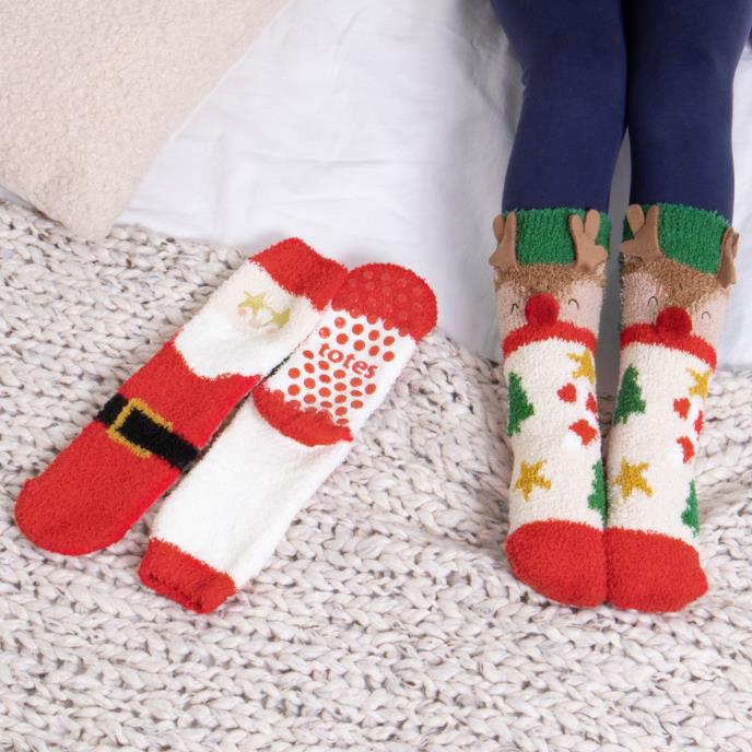 totes toasties® Childrens Super Soft Slipper Socks (Twin Pack) Reindeer / Santa