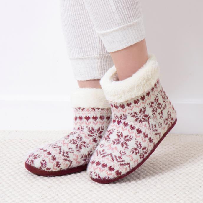 totes toasties® Ladies Fair Isle Knit Boot Slippers With Faux Fur Cuff Fair Isle
