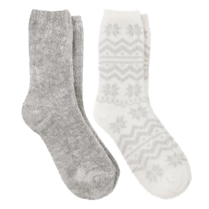 totes toasties® Ladies Fair Isle & Chenille Supersoft Bed Socks (Twin Pack) Grey / Fair Isle