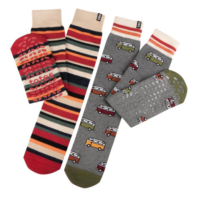 totes toasties® Mens Original Slipper Socks (Twin Pack) Campervan / Stripe