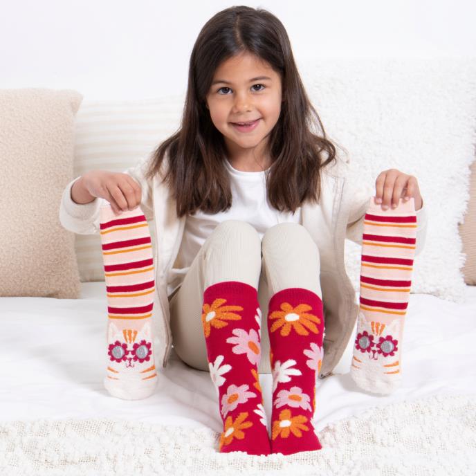 totes toasties® Kids Original Slipper-Sox (Twin Pack)  Cat / Flower