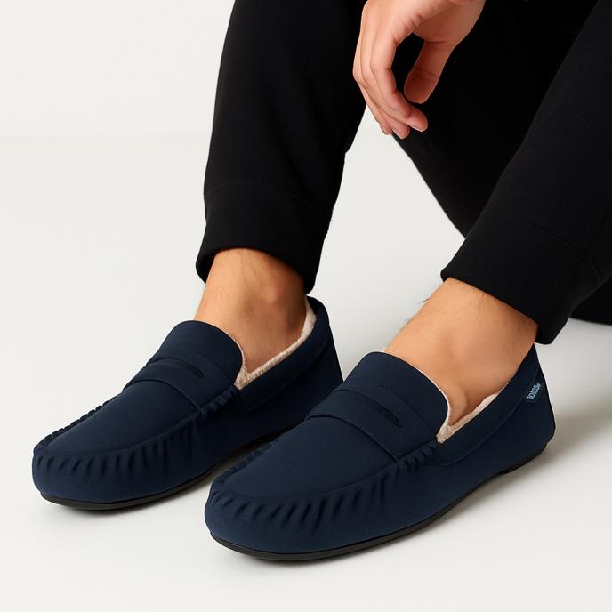 totes toasties® Mens Suedette Moccasin Slipper With Faux Fur Lining Navy