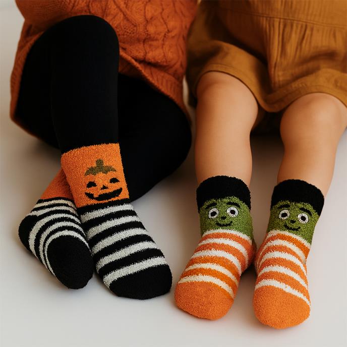 totes toasties® Kids Halloween Super Soft Slipper Socks (Twin Pack) Monster / Pumpkin