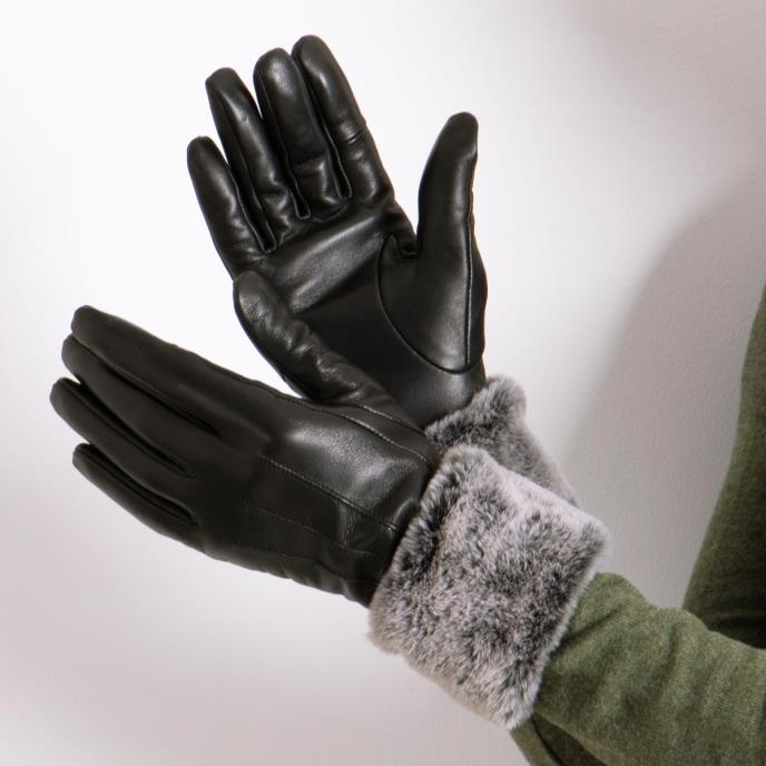 Isotoner® Ladies SmarTouch™ Leather Glove With Faux Fur Cuff Black