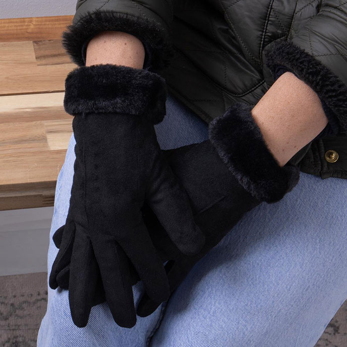 Isotoner® Ladies One Point Faux Suede SmarTouch™ Glove with Faux Fur Cuff Detail Black
