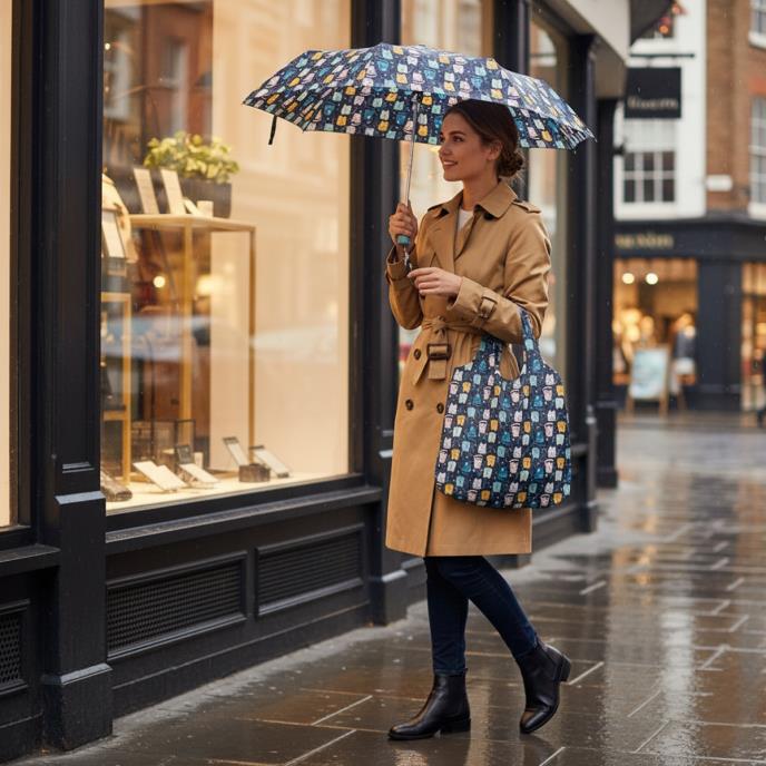 totes® Supermini & Matching Bag in Bag Umbrella Shopper Cat Print Gift Set ( 3 Section )