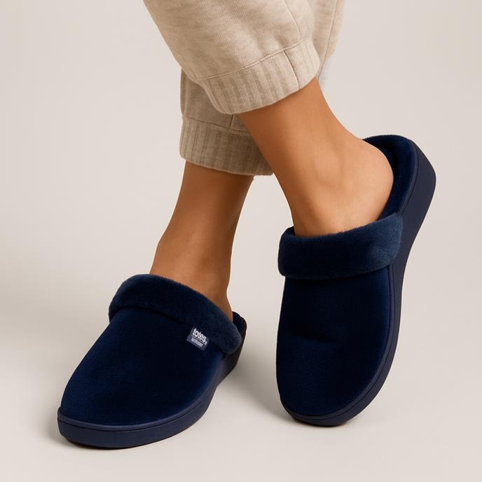 Isotoner® Ladies Sparkle Velour Heeled Mule Navy