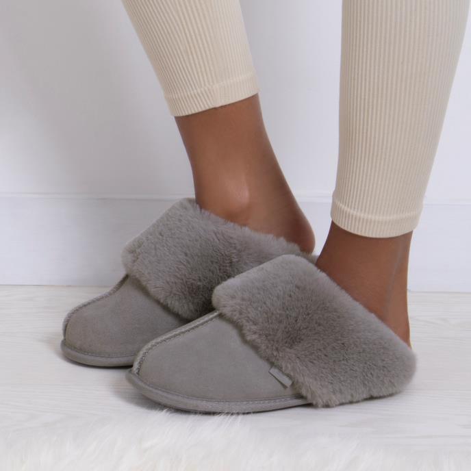 Isotoner® Ladies Real Suede Mule with Fur Cuff Grey