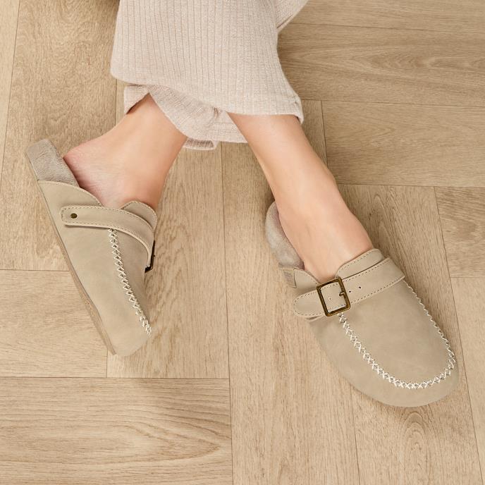 Isotoner® Ladies Suedette Open Back Moccasin Slipper Stone