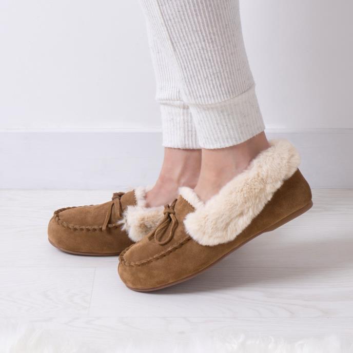 Isotoner® Ladies Genuine Suede Moccasin with Faux Fur Lining Tan