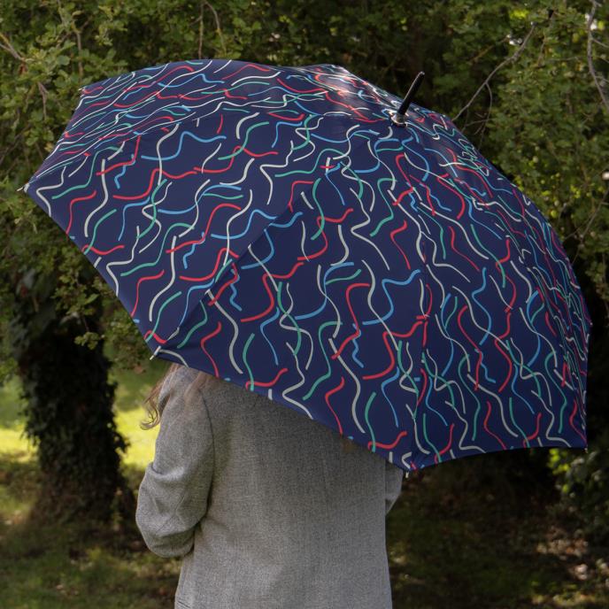 totes® Auto Open Walker Wood Handle Ribbon Print Umbrella 