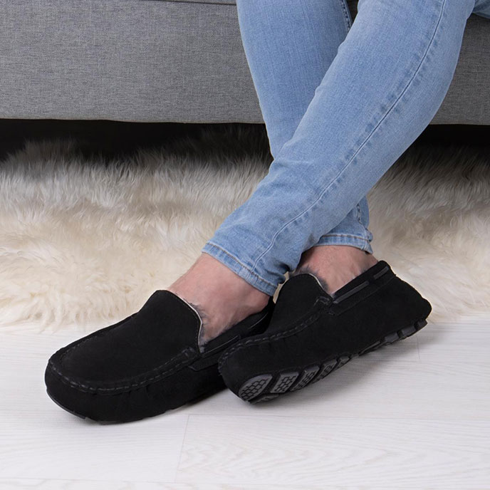 Isotoner® Mens Real Suede With Closed Stitch Moccasin Slipper Black