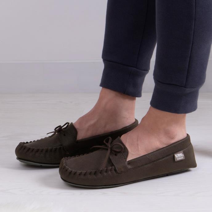 Isotoner® Mens Distressed Moccasin Slipper With Herringbone Sock Brown